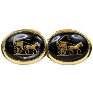 Mid-Century Gold Tone Cufflinks Carriage Design Under Dome Patent 2472598